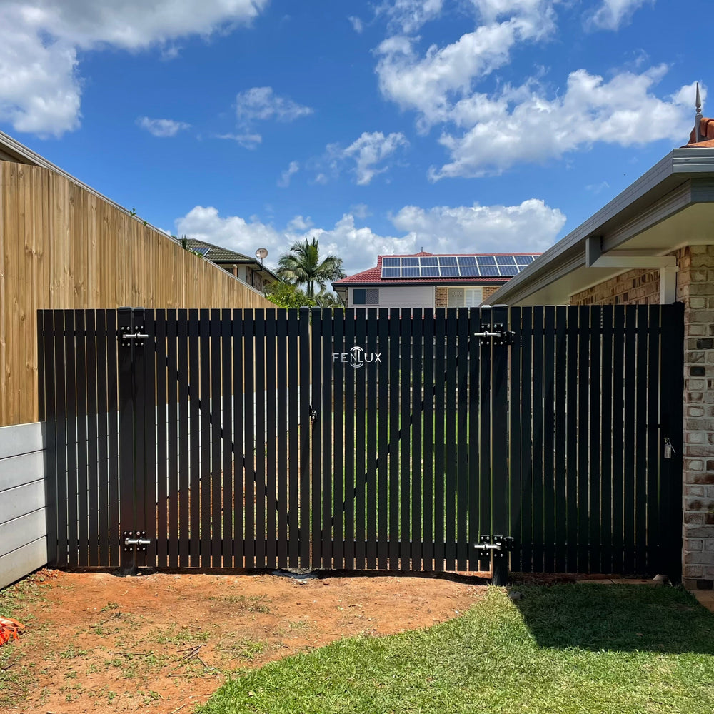 modern open driveway gate vertical pickets