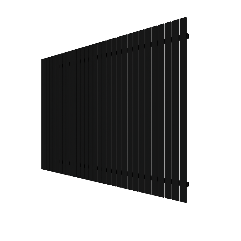 A black DIY aluminium picket fence panel with visible slats and brackets for assembly.