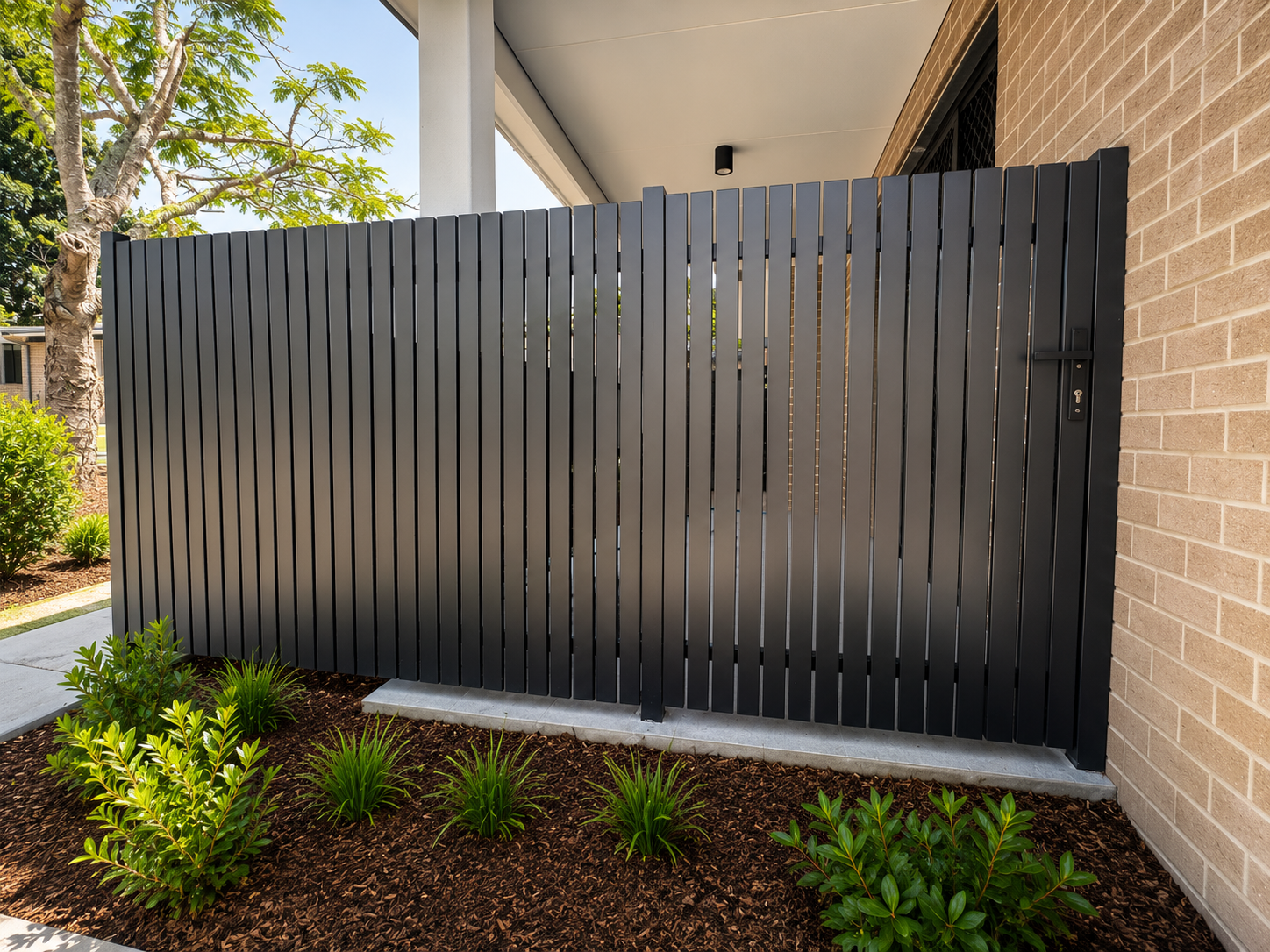 modern style welded vertical picket pedestrain gate